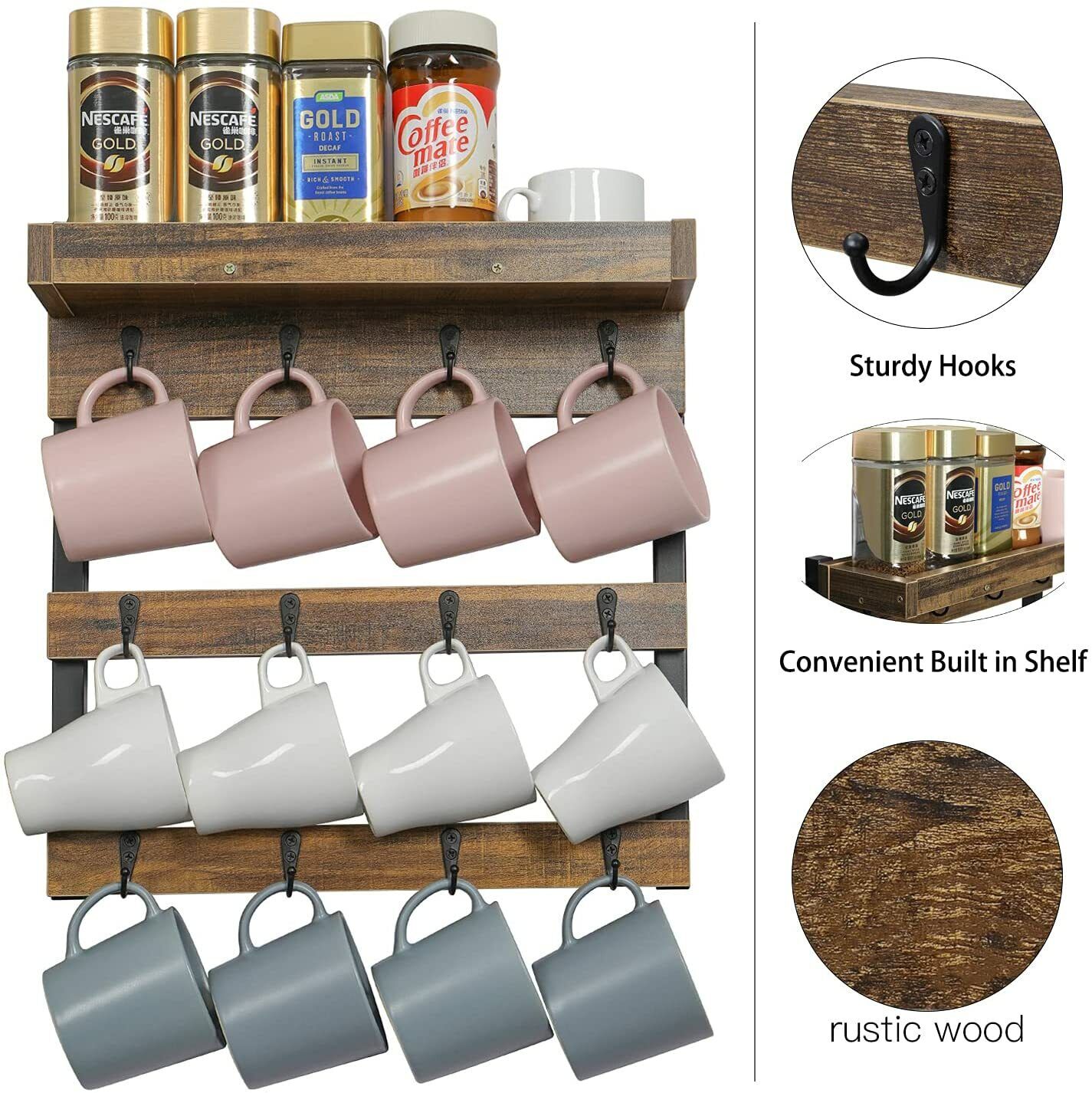 Wall Storage Racks: Tea Coffee Mug Rack Storage Holder Cup Hanger Wood Wall Mounted Teacup Organizer