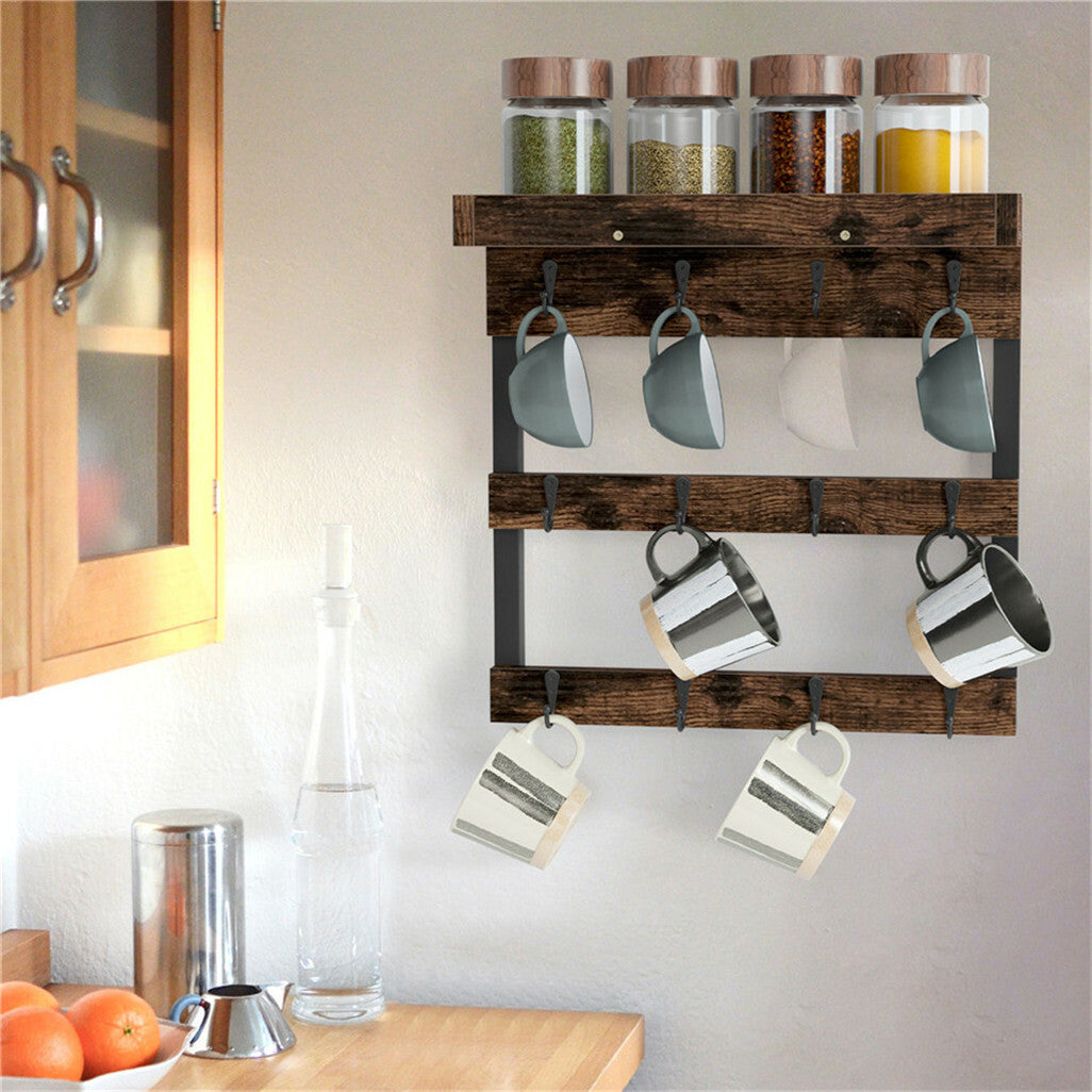 Wall Storage Racks: Tea Coffee Mug Rack Storage Holder Cup Hanger Wood Wall Mounted Teacup Organizer