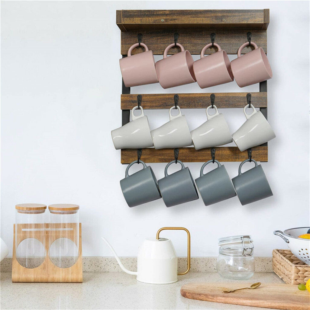 Wall Storage Racks: Tea Coffee Mug Rack Storage Holder Cup Hanger Wood Wall Mounted Teacup Organizer
