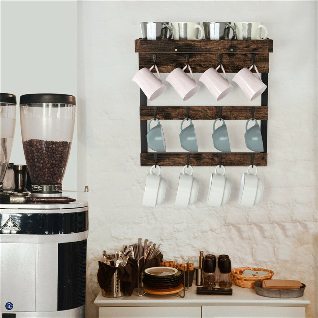 Wall Storage Racks: Tea Coffee Mug Rack Storage Holder Cup Hanger Wood Wall Mounted Teacup Organizer