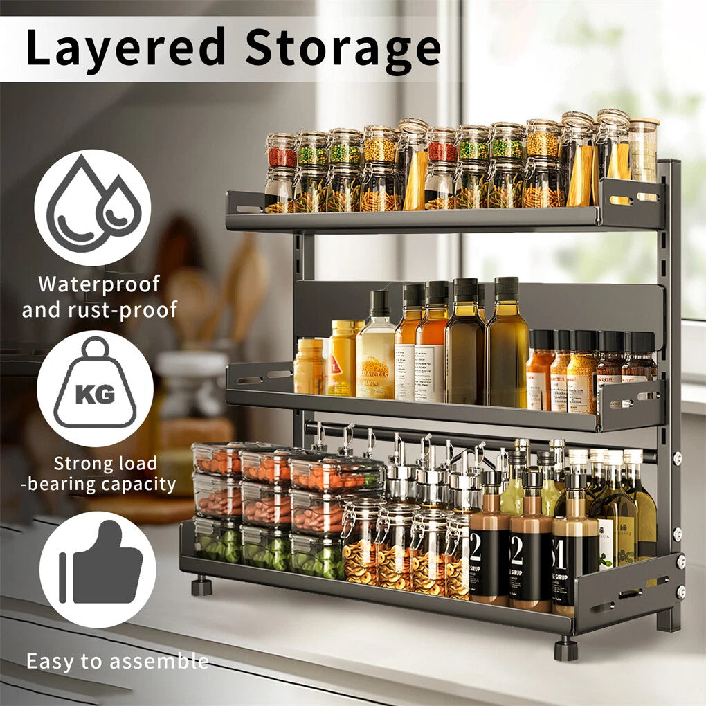 Wall Storage Racks: 3-Tier Large Kitchen Spice Rack Anti-Rust Organizer Shelf, Height Adjustable Storage Rack AU