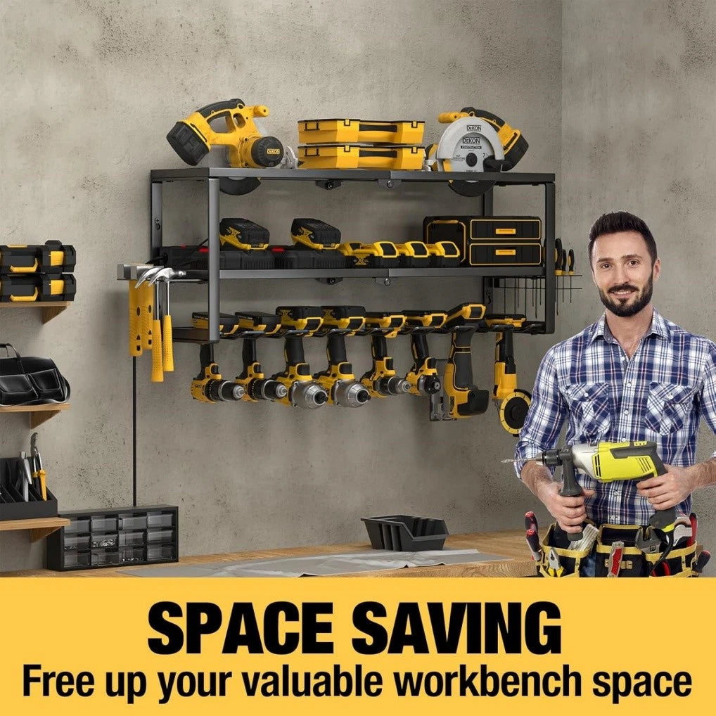P&P Heavy Duty Power Tool Organizer with 7 Drill Holders Wall Mounted Garage Storage Rack for Tools & Utility