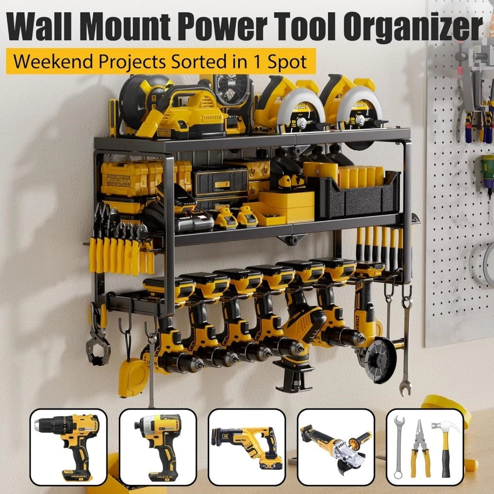 P&P Heavy Duty Power Tool Organizer with 7 Drill Holders Wall Mounted Garage Storage Rack for Tools & Utility