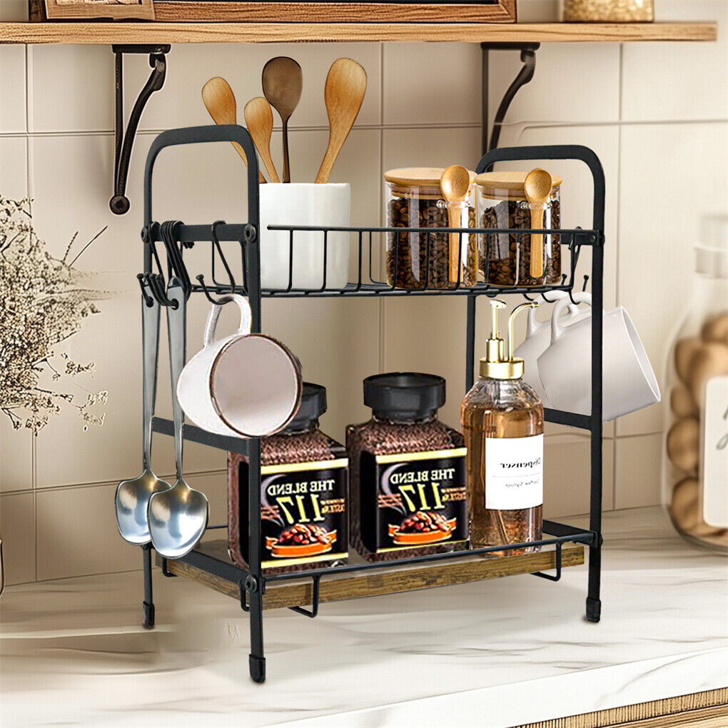 Wall Storage Racks: Vintage Coffee Bar Station Organizer Holder Stand with 2-Tier Shelves & 12 Hooks