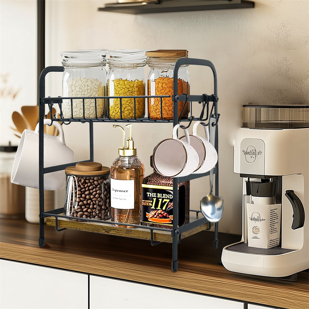 Wall Storage Racks: Vintage Coffee Bar Station Organizer Holder Stand with 2-Tier Shelves & 12 Hooks