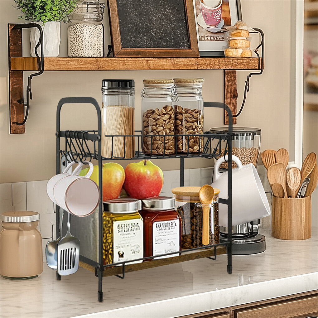 Wall Storage Racks: Vintage Coffee Bar Station Organizer Holder Stand with 2-Tier Shelves & 12 Hooks