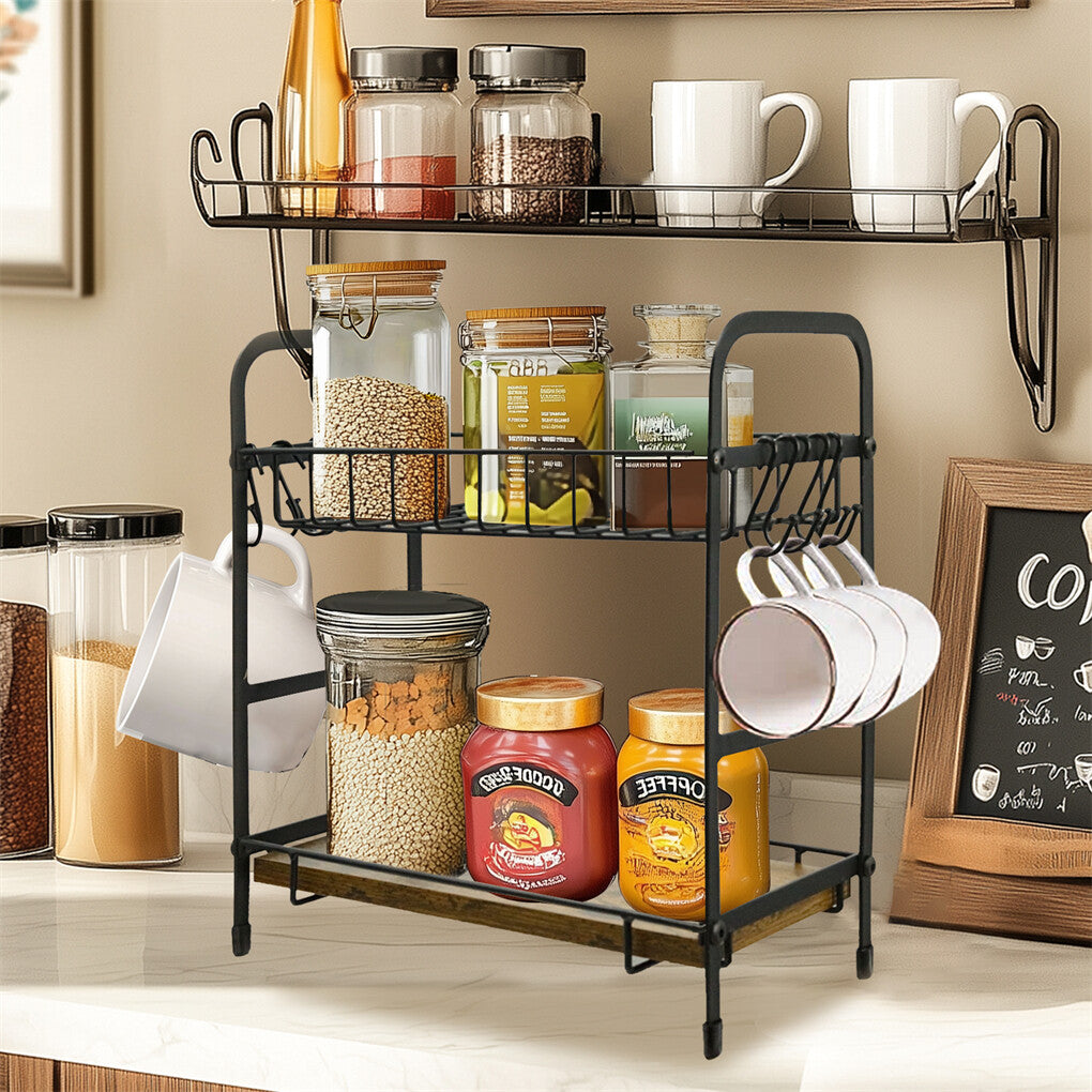 Wall Storage Racks: Vintage Coffee Bar Station Organizer Holder Stand with 2-Tier Shelves & 12 Hooks