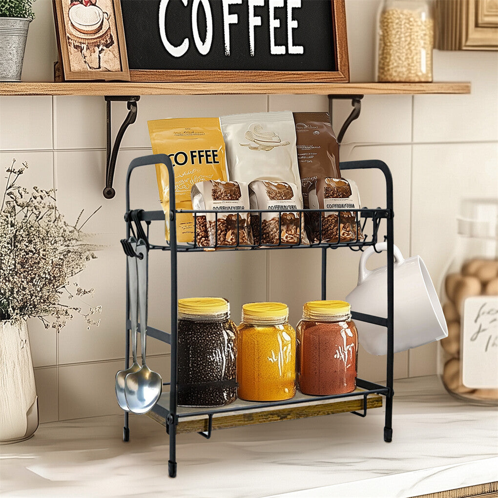 Wall Storage Racks: Vintage Coffee Bar Station Organizer Holder Stand with 2-Tier Shelves & 12 Hooks