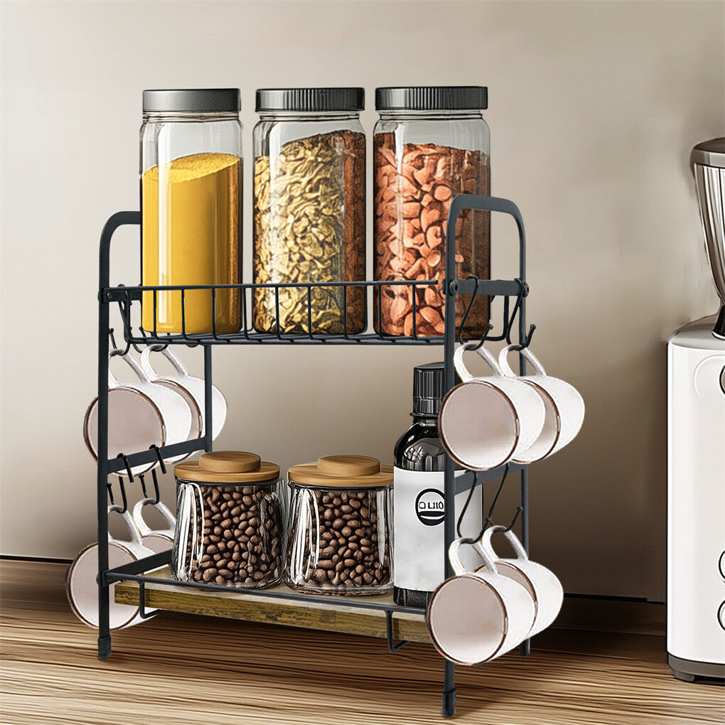 Wall Storage Racks: Vintage Coffee Bar Station Organizer Holder Stand with 2-Tier Shelves & 12 Hooks
