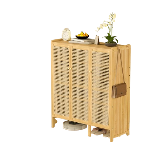 Shoe Storage: Modern Bamboo Shoe Rack Storage Cabinet with 3 Woven Rattan Doors, 5-Tier Shoe Organizer Shelf Cupboard for Entryway, Hallway, Bedroom - Natural Wood