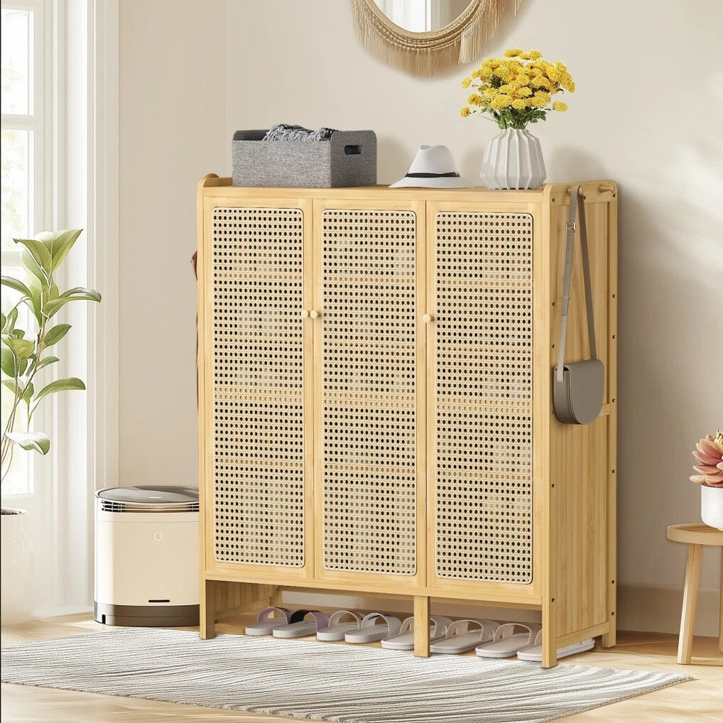 Shoe Storage: Modern Bamboo Shoe Rack Storage Cabinet with 3 Woven Rattan Doors, 5-Tier Shoe Organizer Shelf Cupboard for Entryway, Hallway, Bedroom - Natural Wood