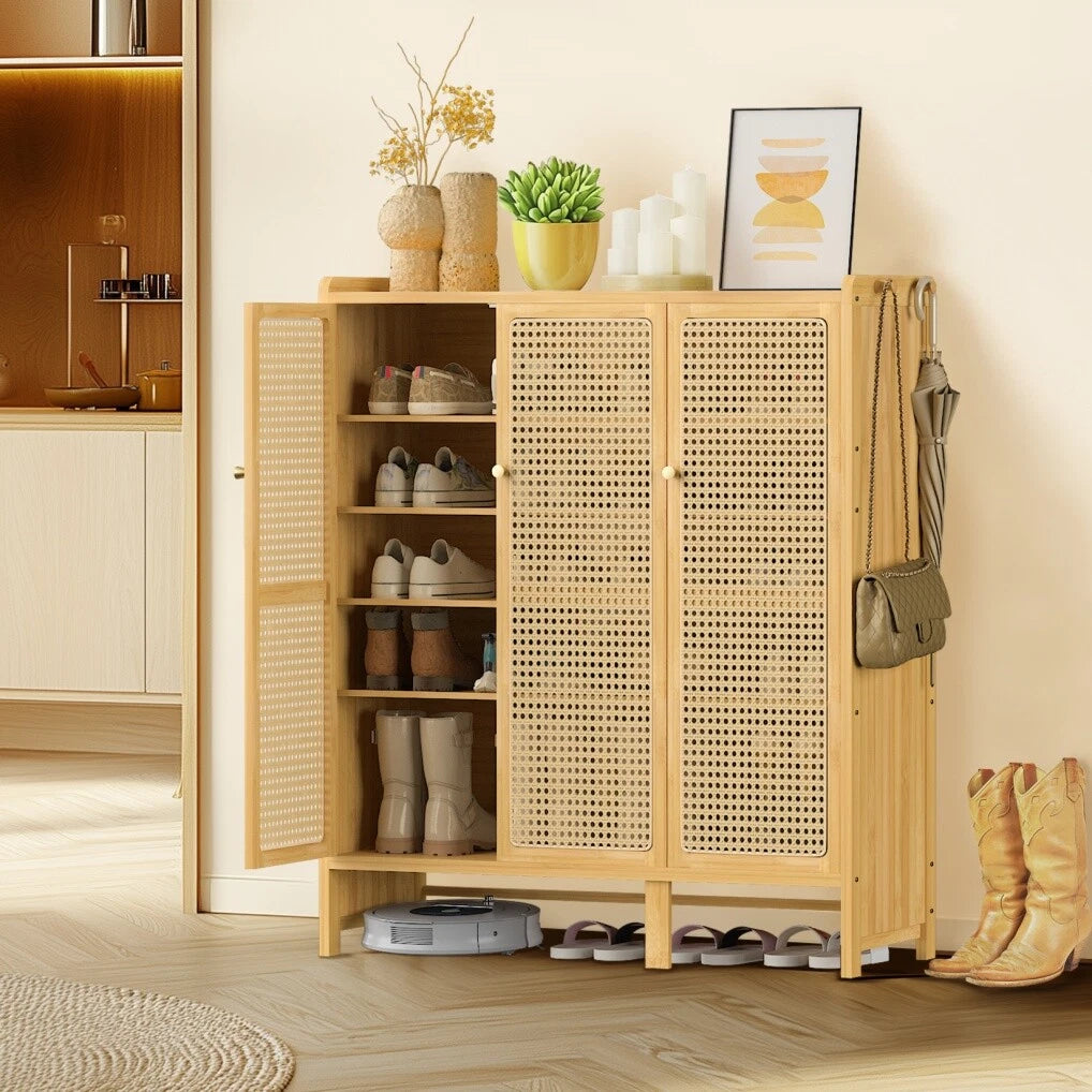 Shoe Storage: Modern Bamboo Shoe Rack Storage Cabinet with 3 Woven Rattan Doors, 5-Tier Shoe Organizer Shelf Cupboard for Entryway, Hallway, Bedroom - Natural Wood