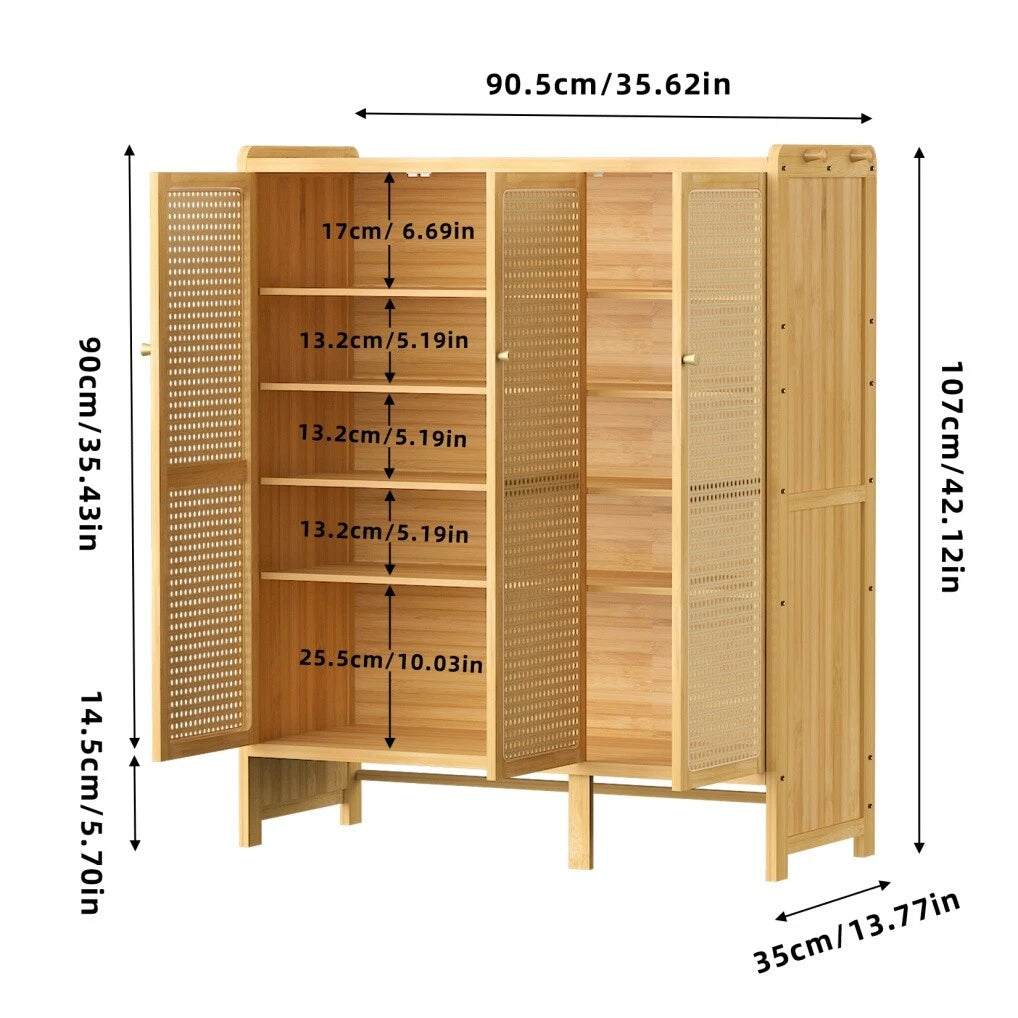 Shoe Storage: Modern Bamboo Shoe Rack Storage Cabinet with 3 Woven Rattan Doors, 5-Tier Shoe Organizer Shelf Cupboard for Entryway, Hallway, Bedroom - Natural Wood