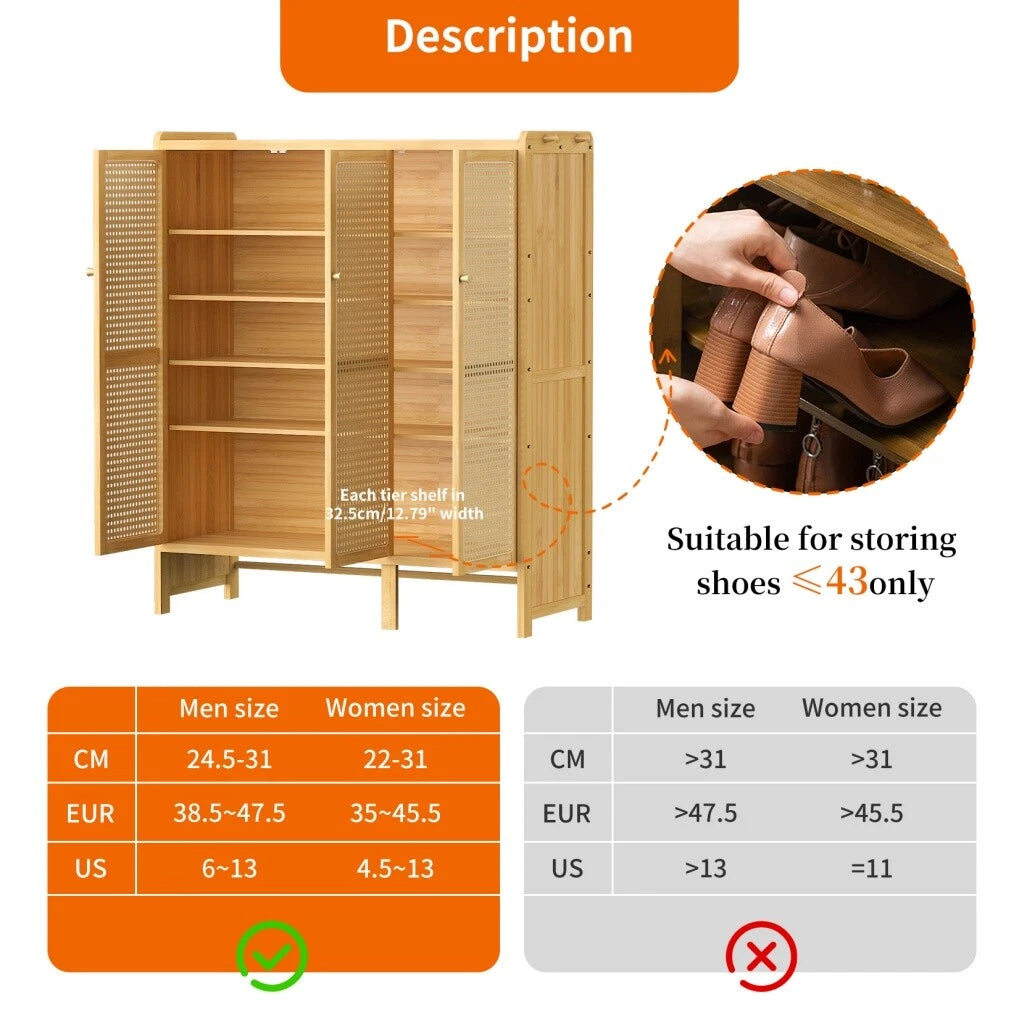 Shoe Storage: Modern Bamboo Shoe Rack Storage Cabinet with 3 Woven Rattan Doors, 5-Tier Shoe Organizer Shelf Cupboard for Entryway, Hallway, Bedroom - Natural Wood