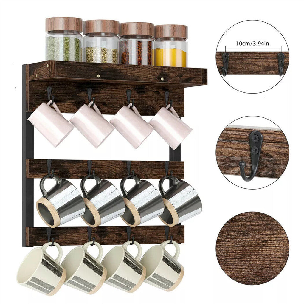 Wall Storage Racks: Heavy Duty Wall Mount Coffee Teacup Mug Rack Wood 12 Hook Holder Display Storage