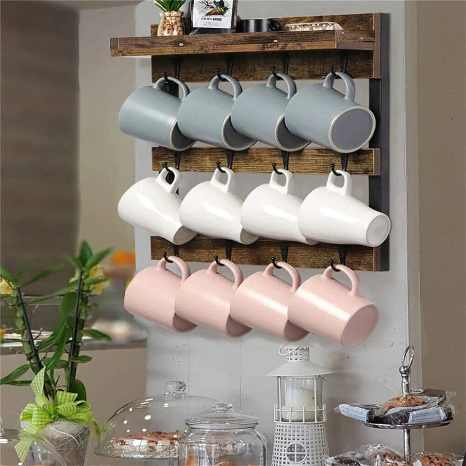 Wall Storage Racks: Heavy Duty Wall Mount Coffee Teacup Mug Rack Wood 12 Hook Holder Display Storage