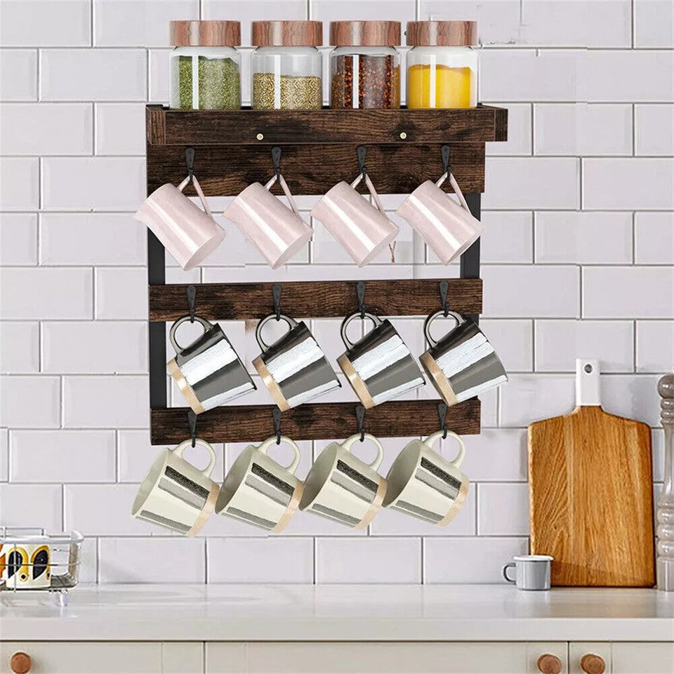 Wall Storage Racks: Heavy Duty Wall Mount Coffee Teacup Mug Rack Wood 12 Hook Holder Display Storage