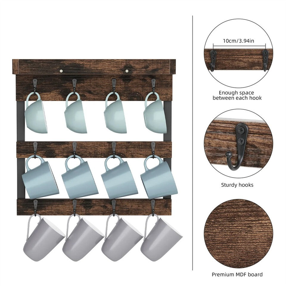 Wall Storage Racks: Heavy Duty Wall Mount Coffee Teacup Mug Rack Wood 12 Hook Holder Display Storage