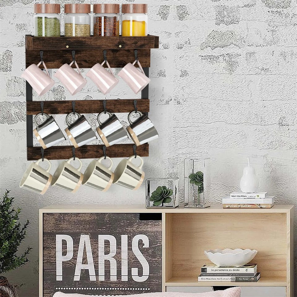 Wall Storage Racks: Heavy Duty Wall Mount Coffee Teacup Mug Rack Wood 12 Hook Holder Display Storage