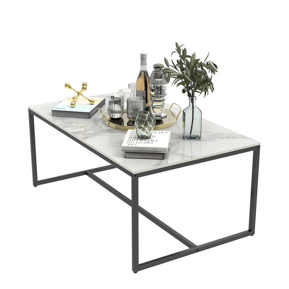 Coffee Tables: Extra Thick Marble Coffee Table White Sintered Stone Rectangular Center Table with Black Metal Frame