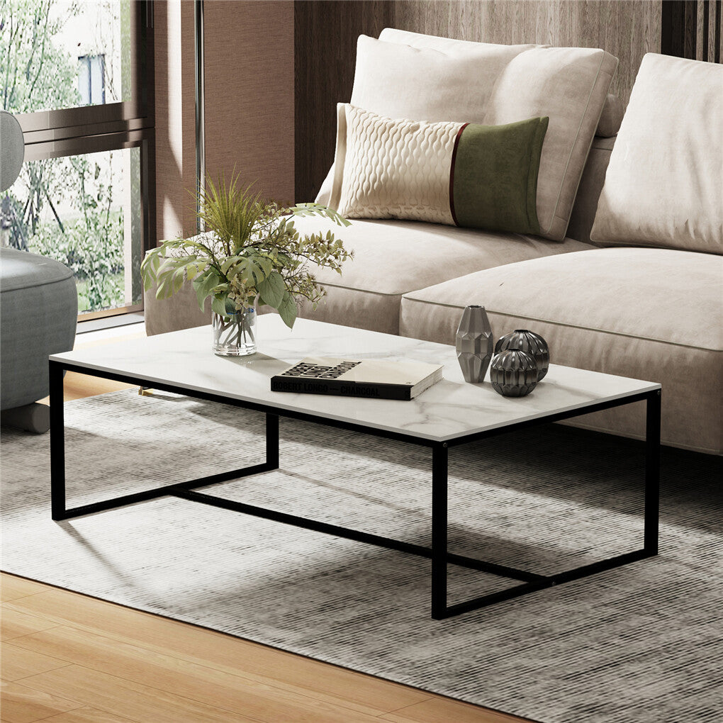 Coffee Tables: Extra Thick Marble Coffee Table White Sintered Stone Rectangular Center Table with Black Metal Frame