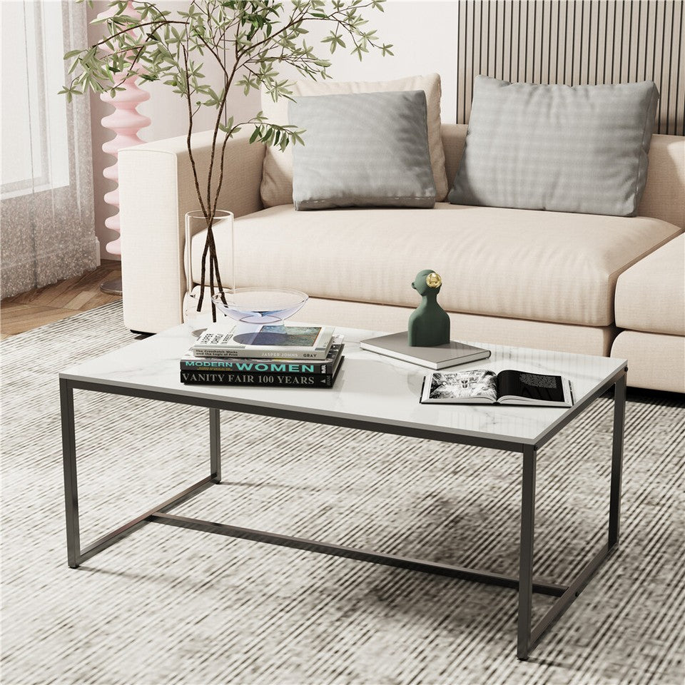 Coffee Tables: Extra Thick Marble Coffee Table White Sintered Stone Rectangular Center Table with Black Metal Frame