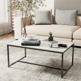 Coffee Tables: Extra Thick Marble Coffee Table White Sintered Stone Rectangular Center Table with Black Metal Frame