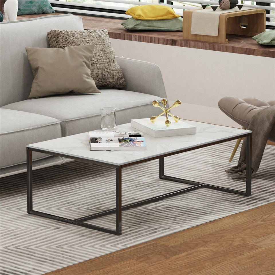 Coffee Tables: Extra Thick Marble Coffee Table White Sintered Stone Rectangular Center Table with Black Metal Frame