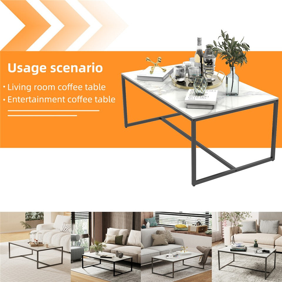 Coffee Tables: Extra Thick Marble Coffee Table White Sintered Stone Rectangular Center Table with Black Metal Frame