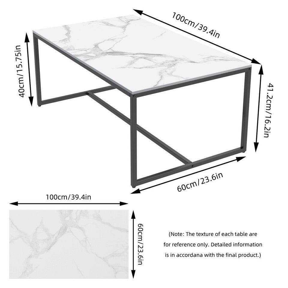 Coffee Tables: Extra Thick Marble Coffee Table White Sintered Stone Rectangular Center Table with Black Metal Frame
