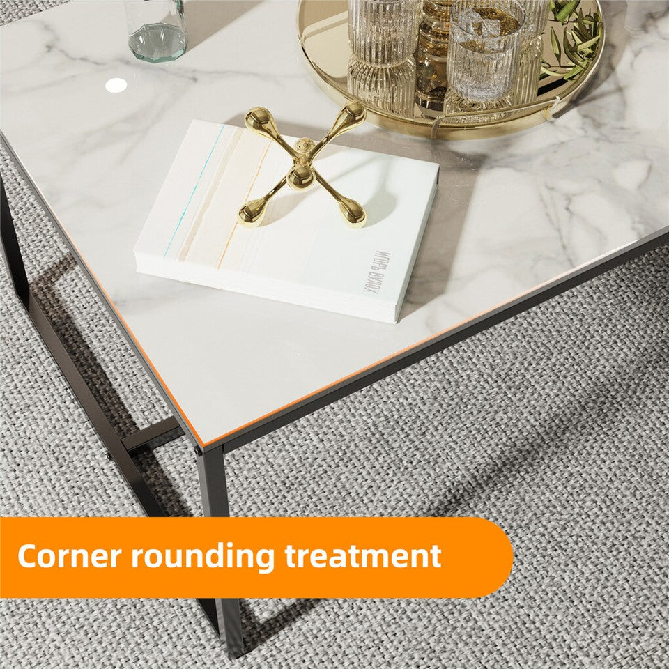 Coffee Tables: Extra Thick Marble Coffee Table White Sintered Stone Rectangular Center Table with Black Metal Frame