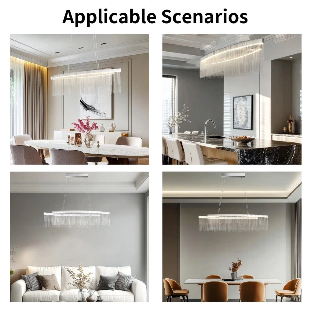 Ceiling Lights: Modern LED Tassel Pendant Light Aluminum Linear Chandelier Dimmable Ceiling Lighting for Dining Room, Kitchen Island, Living Room - Chrome Silver