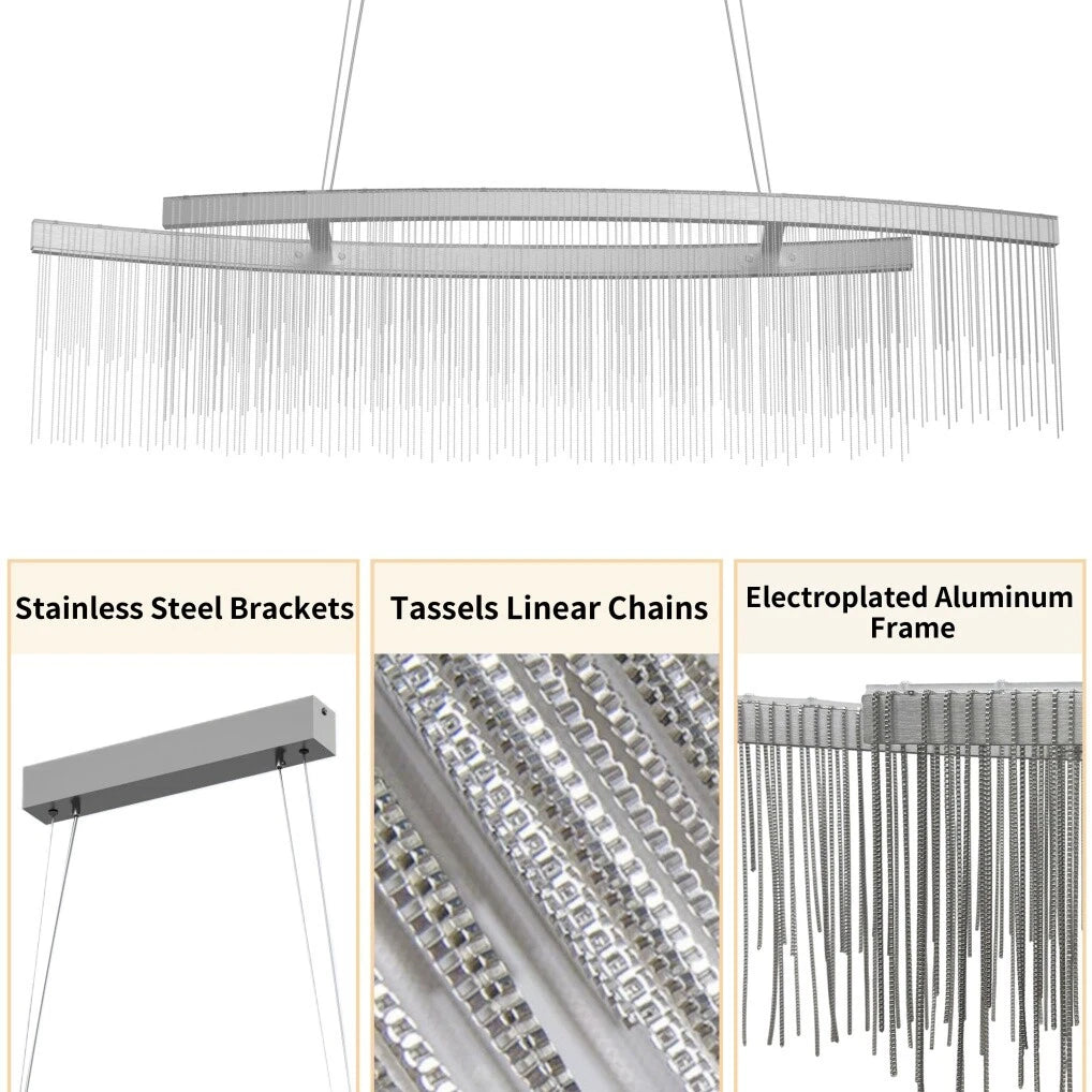 Ceiling Lights: Modern LED Tassel Pendant Light Aluminum Linear Chandelier Dimmable Ceiling Lighting for Dining Room, Kitchen Island, Living Room - Chrome Silver
