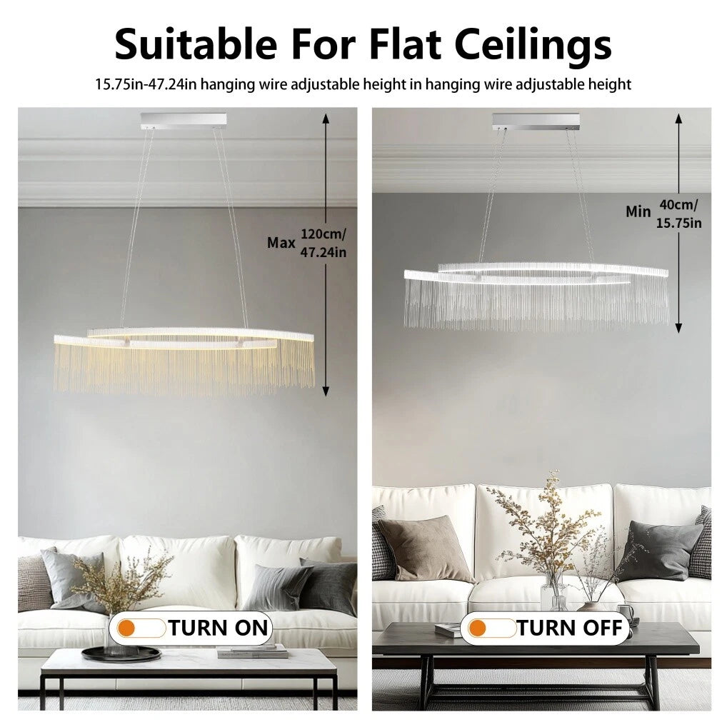 Ceiling Lights: Modern LED Tassel Pendant Light Aluminum Linear Chandelier Dimmable Ceiling Lighting for Dining Room, Kitchen Island, Living Room - Chrome Silver