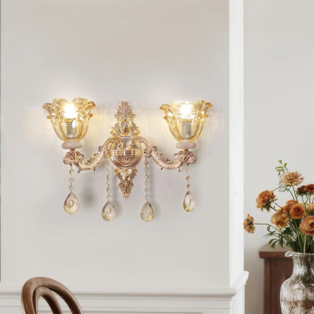 Wall Lights: Rococo Gold Wall Sconce Floral Bedside Wall Lamp with Beveled Crystal Lighting for Hallway & Living Room