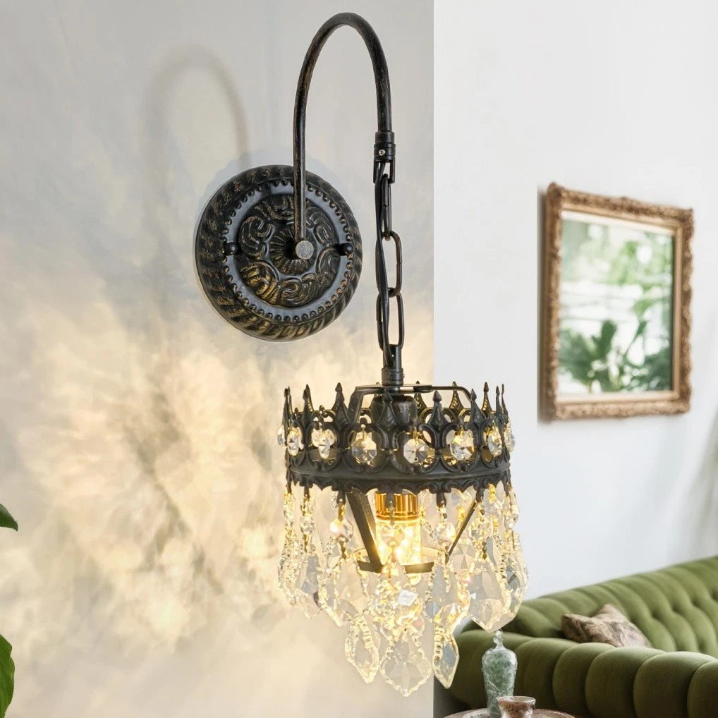 Night Lights & Ambient Lighting: Vintage Wall Light Sconce with Clear Crystals, Black and Gold Glass Wall Lamp, 3-Mode Dimmable LED E14 Lighting Fixture for Home, Bathroom, Dining Room, Hallway