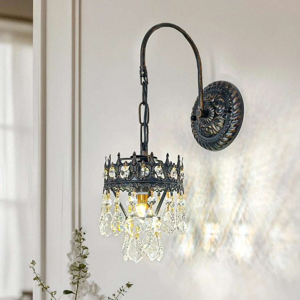 Night Lights & Ambient Lighting: Vintage Wall Light Sconce with Clear Crystals, Black and Gold Glass Wall Lamp, 3-Mode Dimmable LED E14 Lighting Fixture for Home, Bathroom, Dining Room, Hallway