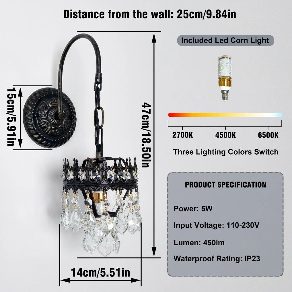 Night Lights & Ambient Lighting: Vintage Wall Light Sconce with Clear Crystals, Black and Gold Glass Wall Lamp, 3-Mode Dimmable LED E14 Lighting Fixture for Home, Bathroom, Dining Room, Hallway