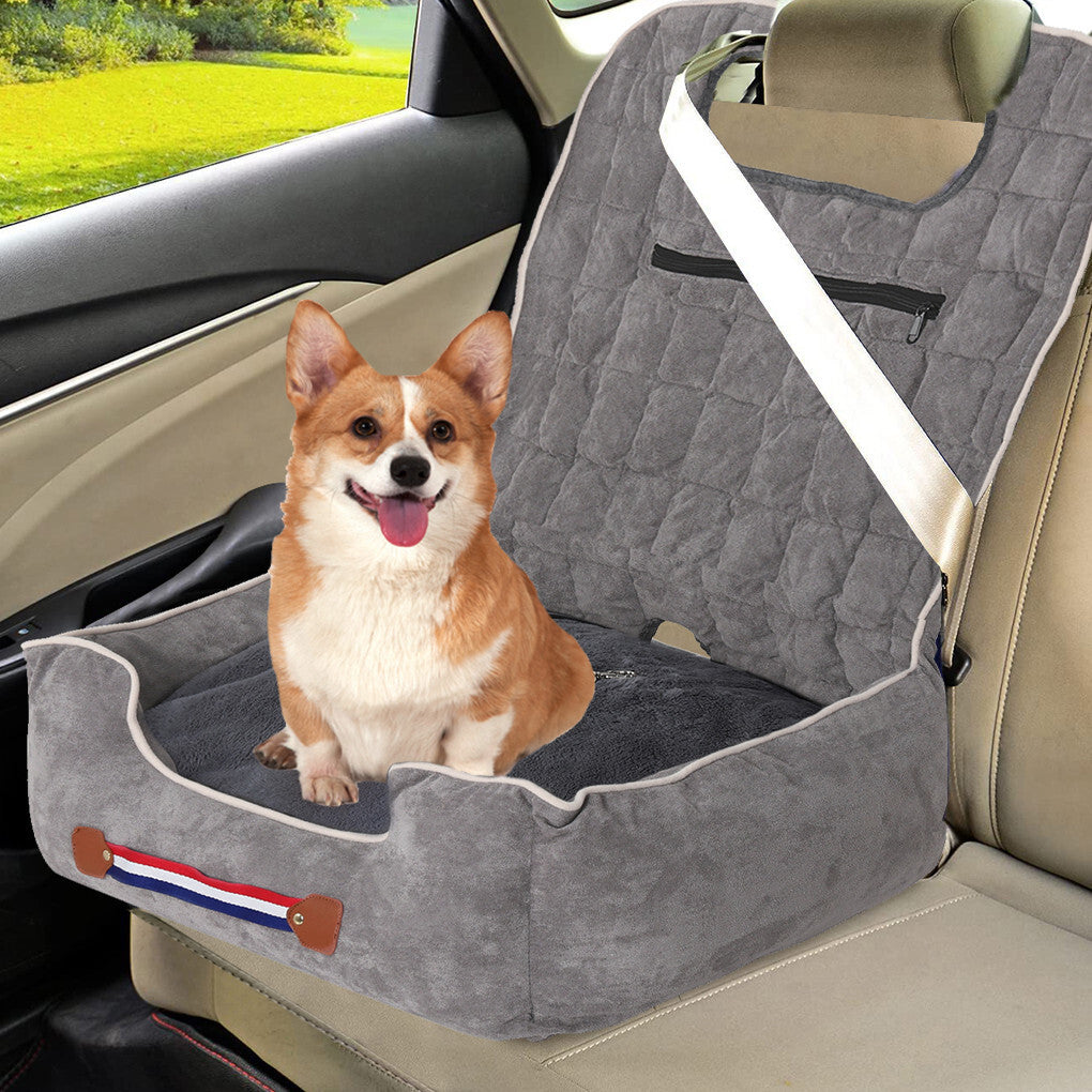 Dog Beds: Large Cozy Dog Car Booster Double-Side Cushion Pet Travel Bed with Adjustable Strap