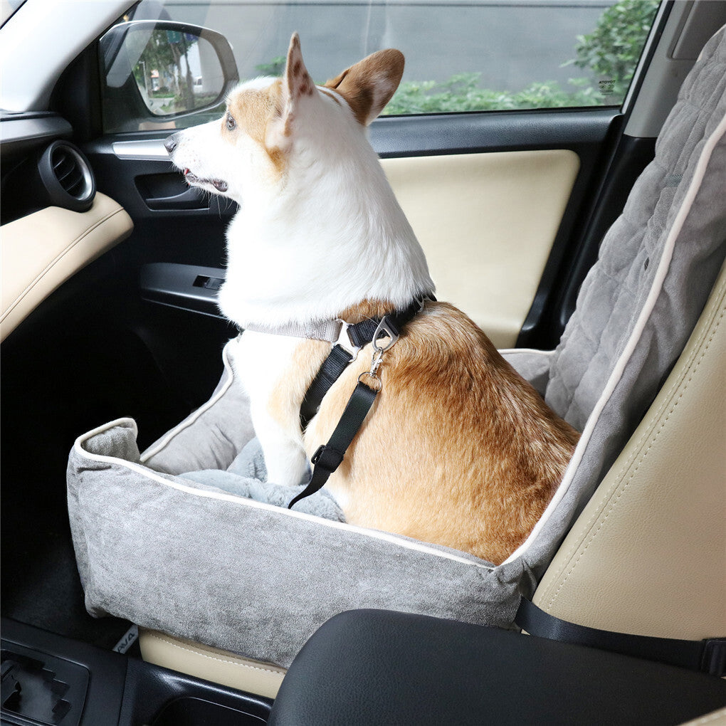 Dog Beds: Large Cozy Dog Car Booster Double-Side Cushion Pet Travel Bed with Adjustable Strap