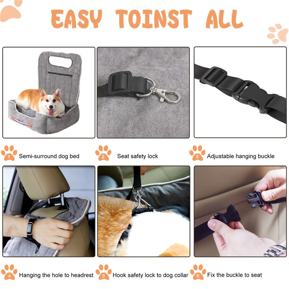 Dog Beds: Large Cozy Dog Car Booster Double-Side Cushion Pet Travel Bed with Adjustable Strap