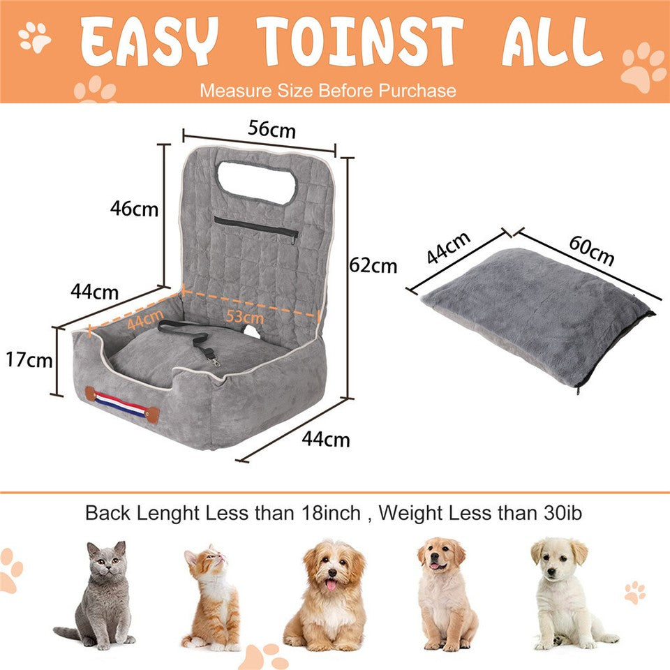 Dog Beds: Large Cozy Dog Car Booster Double-Side Cushion Pet Travel Bed with Adjustable Strap