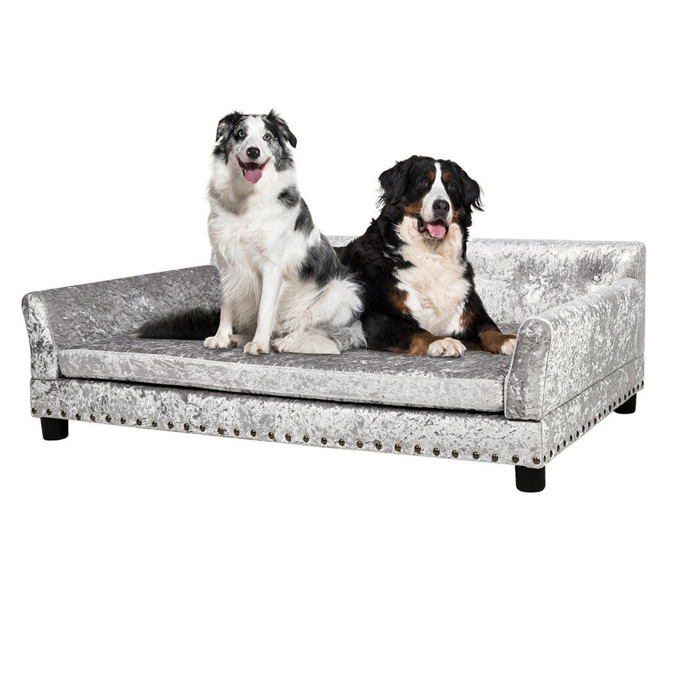 Dog Beds: Large Leather Velvet Dog Sofa Lounge Bed( Grey)