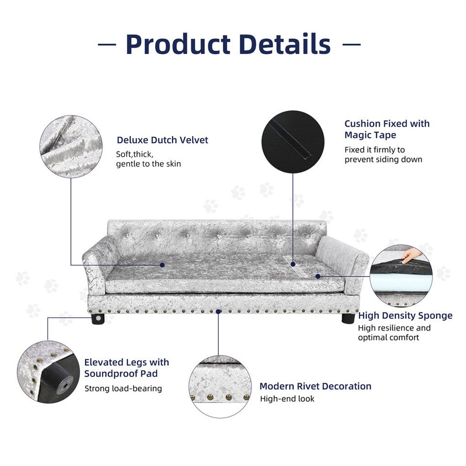 Dog Beds: Large Leather Velvet Dog Sofa Lounge Bed( Grey)