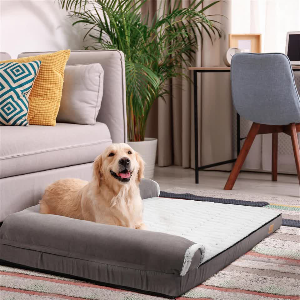 Dog Beds: L-Shaped Dog Bed with Bolstered Cushion & Neck Care