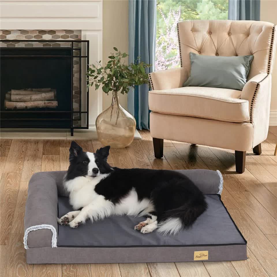 Dog Beds: L-Shaped Dog Bed with Bolstered Cushion & Neck Care