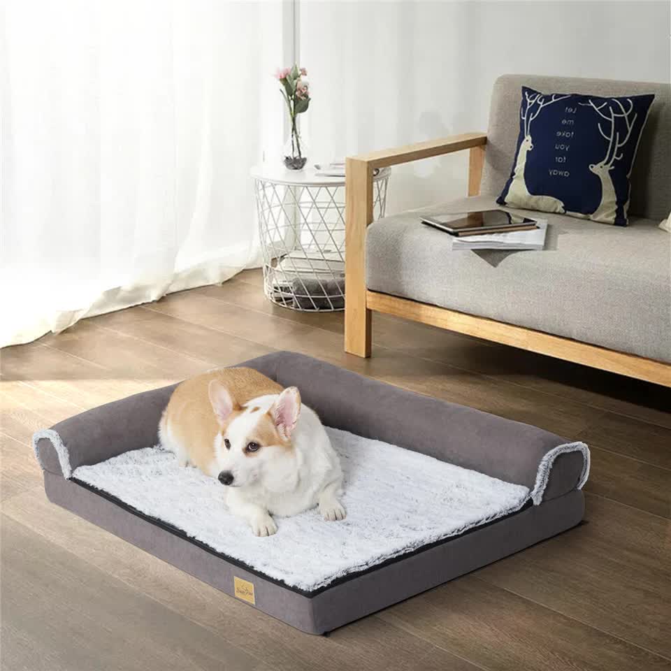 Dog Beds: L-Shaped Dog Bed with Bolstered Cushion & Neck Care