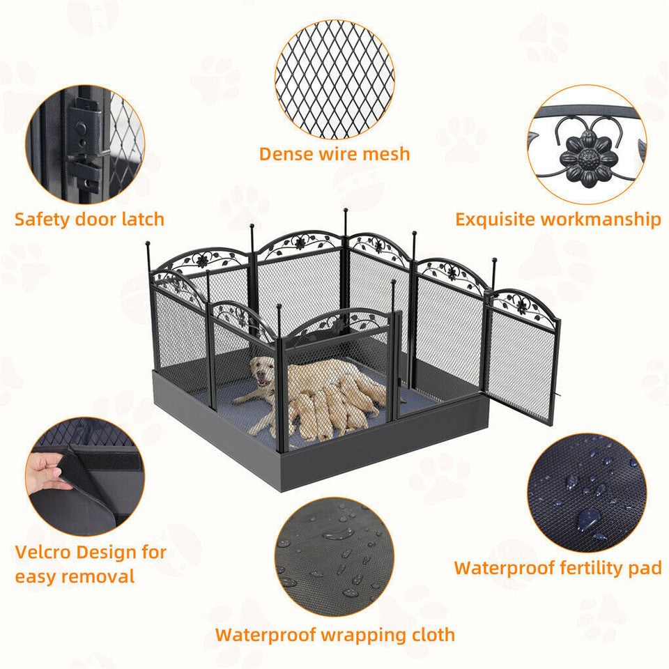 Dog Playpens & Gates: Fin Heavy Duty Dog Play Pen Enclosure Whelping Cage With Fertility Mat Puppy Playpen