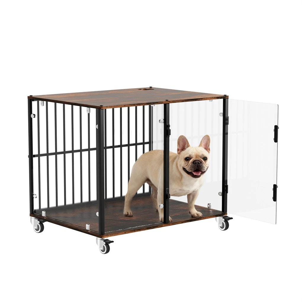 Small Animal Habitats & Cages: Anti-Bite Glass Indoor Dog Cage - Modern Furniture Style Dog Kennel End Table with Lockable Wheels and Double Doors