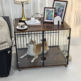 Small Animal Habitats & Cages: Anti-Bite Glass Indoor Dog Cage - Modern Furniture Style Dog Kennel End Table with Lockable Wheels and Double Doors